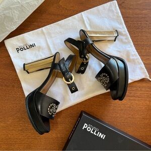 POLLINI Black Leather Studded Platform Gold Block Heel Sandals size 7.5